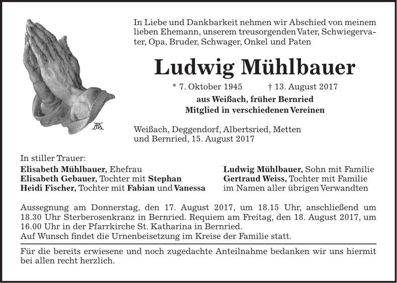 Traueranzeige Ludwig Mühlbauer