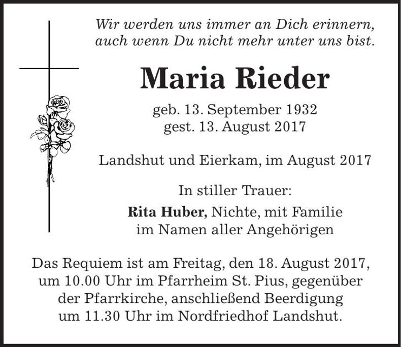 Traueranzeige Maria Rieder
