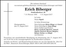 Traueranzeige Erich Biberger