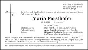 Traueranzeige Maria Forsthofer