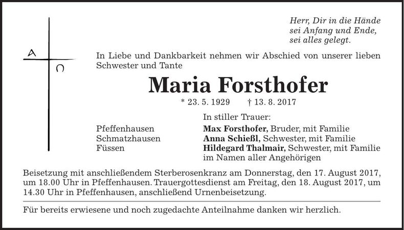 Traueranzeige Maria Forsthofer