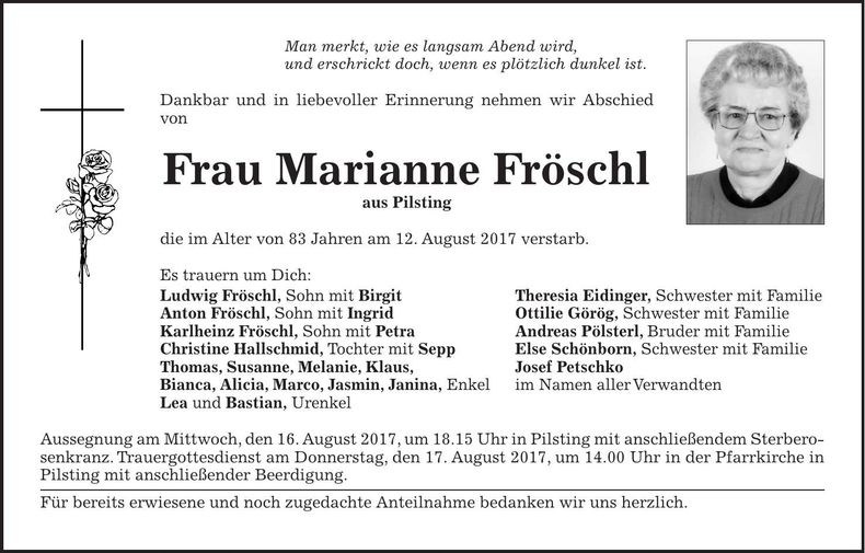 Traueranzeige Marianne Fröschl
