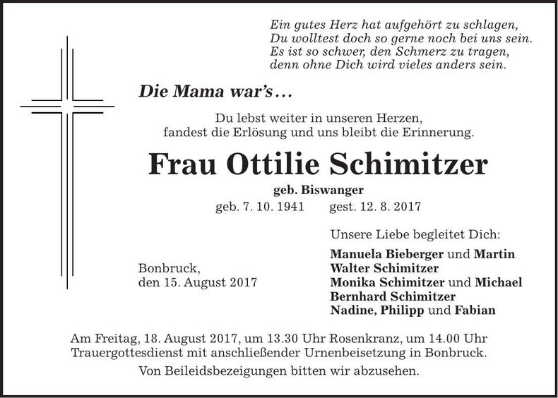 Traueranzeige Ottilie Schimitzer