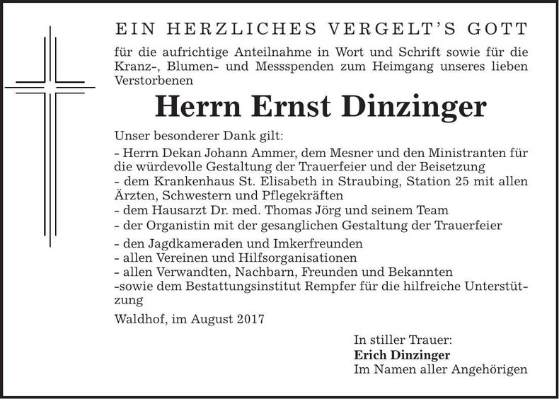 Traueranzeige Ernst Dinzinger