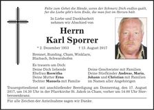Traueranzeige Karl Sporrer