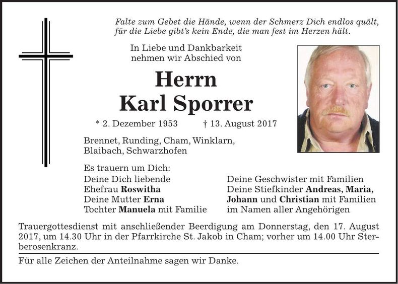 Traueranzeige Karl Sporrer