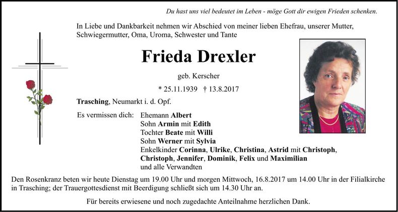 Traueranzeige Frieda Drexler