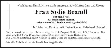 Traueranzeige Sofie Brandl