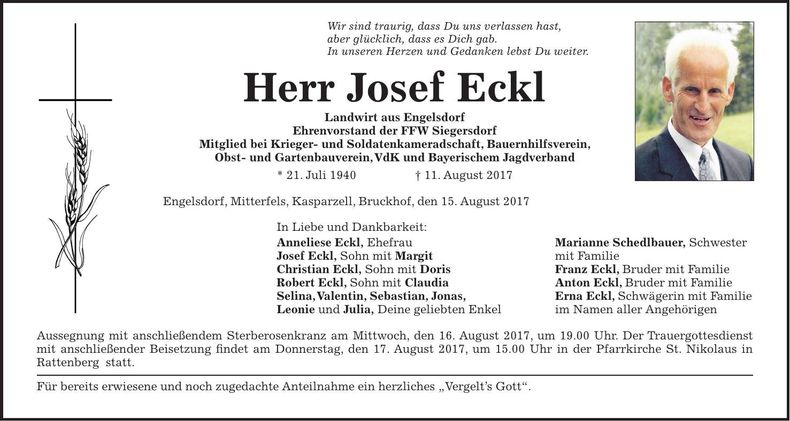 Traueranzeige Josef Eckl