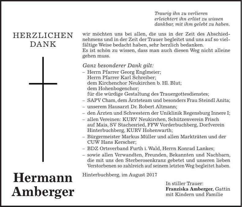 Traueranzeige Hermann Amberger