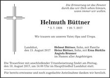 Traueranzeige Helmuth Büttner