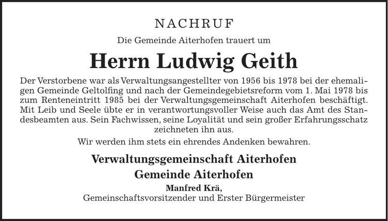 Traueranzeige Ludwig Geith