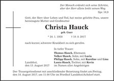 Traueranzeige Christa Hauck