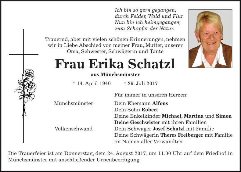 Traueranzeige Erika Schatzl