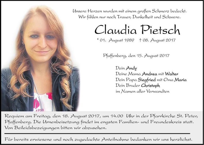 Traueranzeige Claudia Pietsch