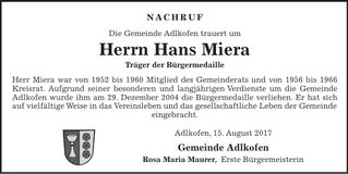 Traueranzeige Hans Miera