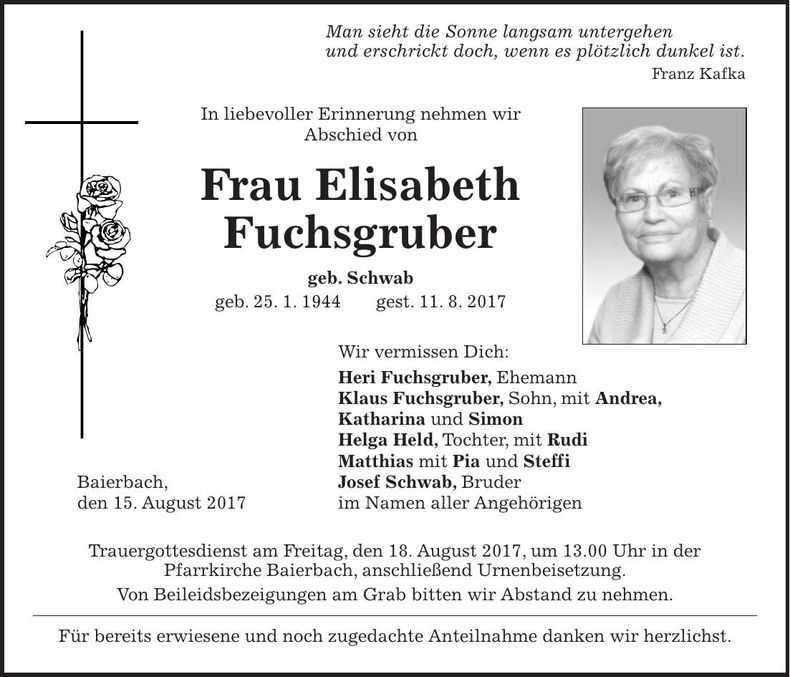 Traueranzeige Elisabeth Fuchsgruber