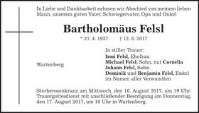 Traueranzeige Bartholomäus Felsl