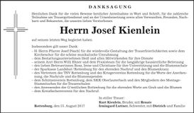 Traueranzeige Josef Kienlein
