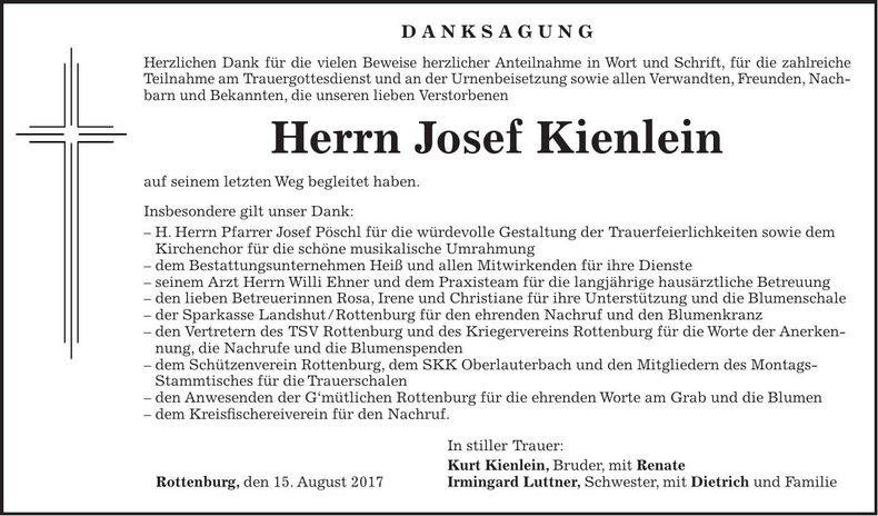 Traueranzeige Josef Kienlein