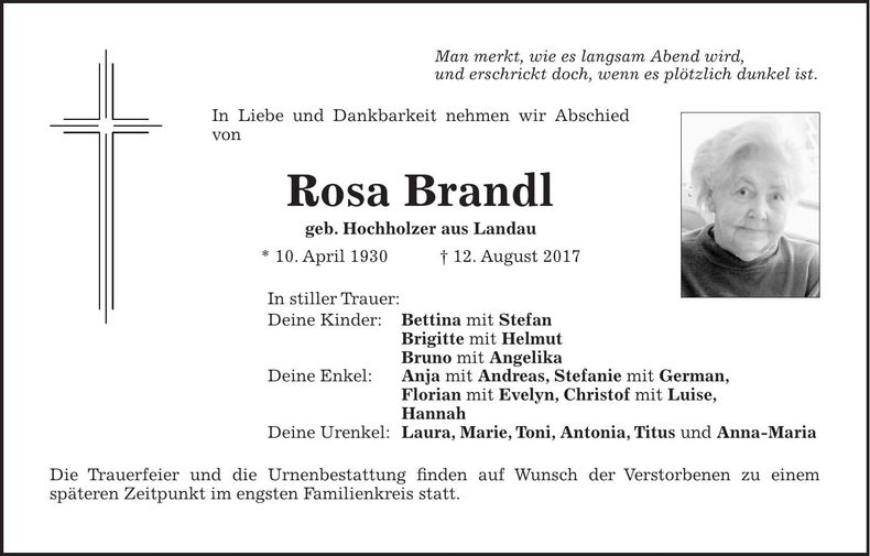 Traueranzeige Rosa Brandl