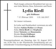 Traueranzeige Lydia Riedl