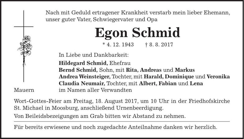 Traueranzeige Egon Schmid