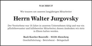 Traueranzeige Walter Jurgovsky