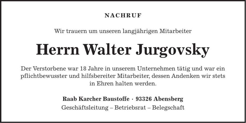 Traueranzeige Walter Jurgovsky