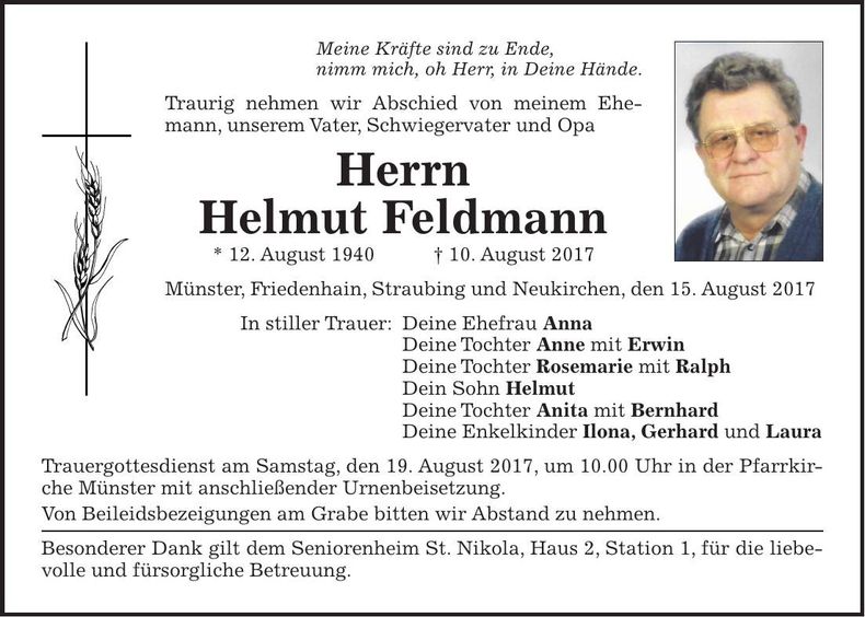 Traueranzeige Helmut Feldmann