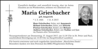 Traueranzeige Maria Griesbacher