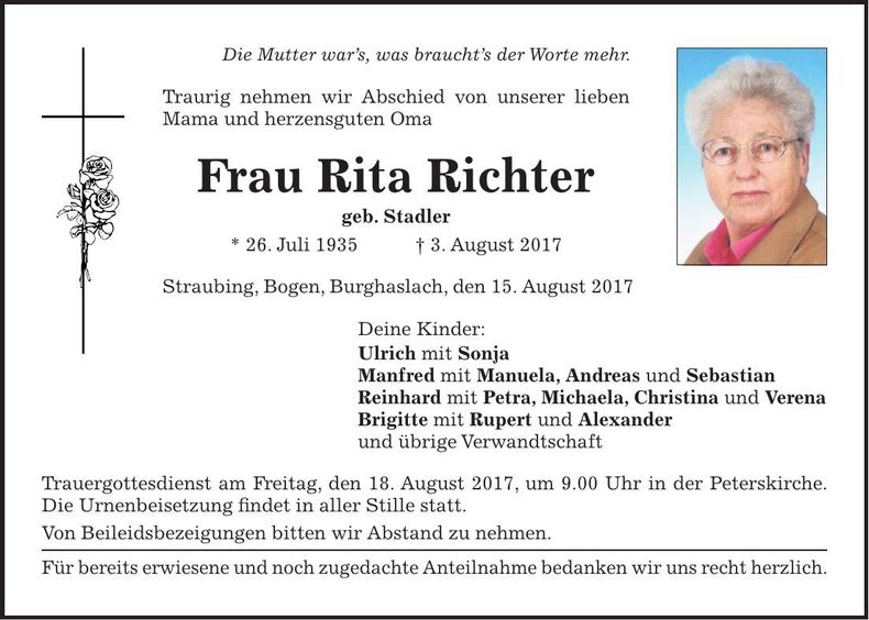 Traueranzeige Rita Richter