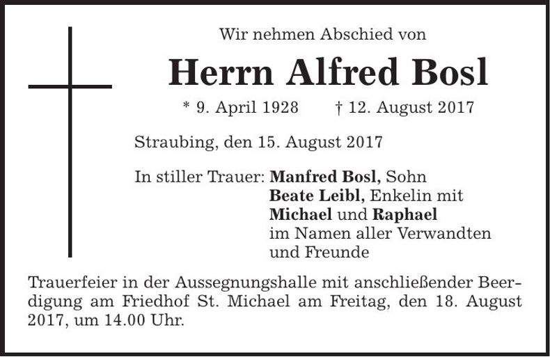 Traueranzeige Manfred Bosl