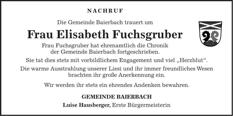 Traueranzeige Elisabeth Fuchsgruber