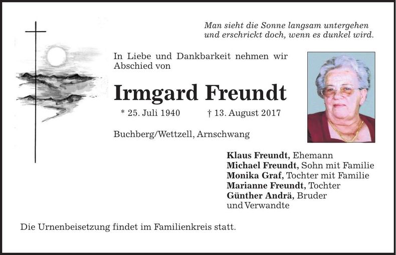 Traueranzeige Irmgard Freundt