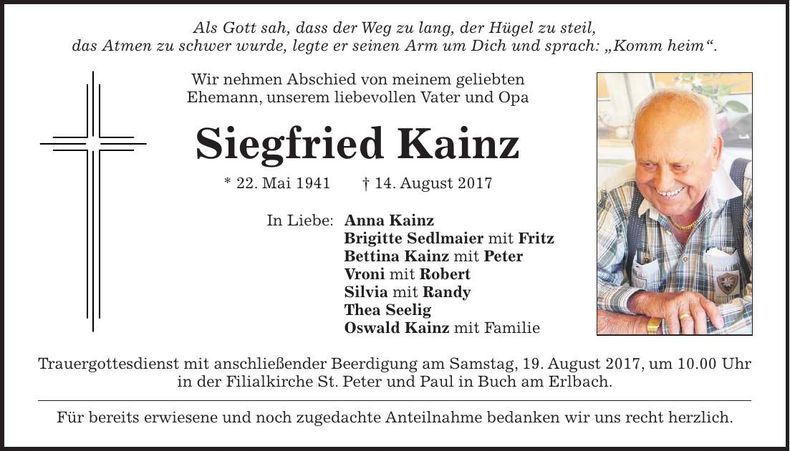 Traueranzeige Siegfried Kainz