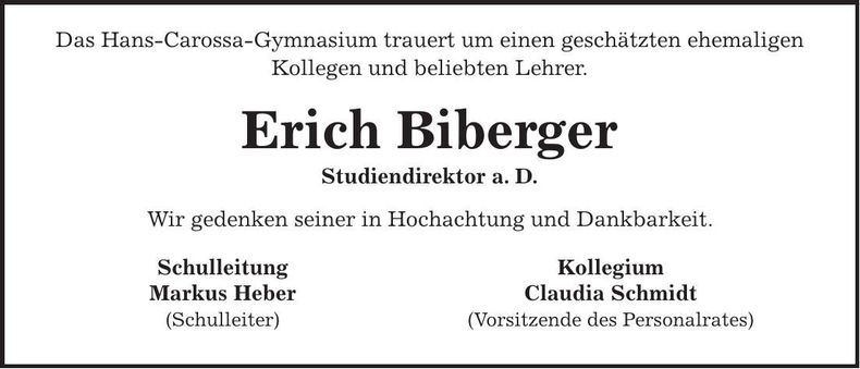 Traueranzeige Erich Biberger