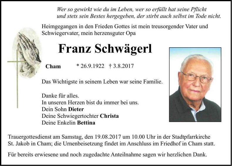 Traueranzeige Franz Schwägerl