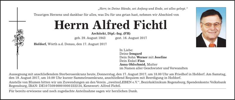 Traueranzeige Alfred Fichtl