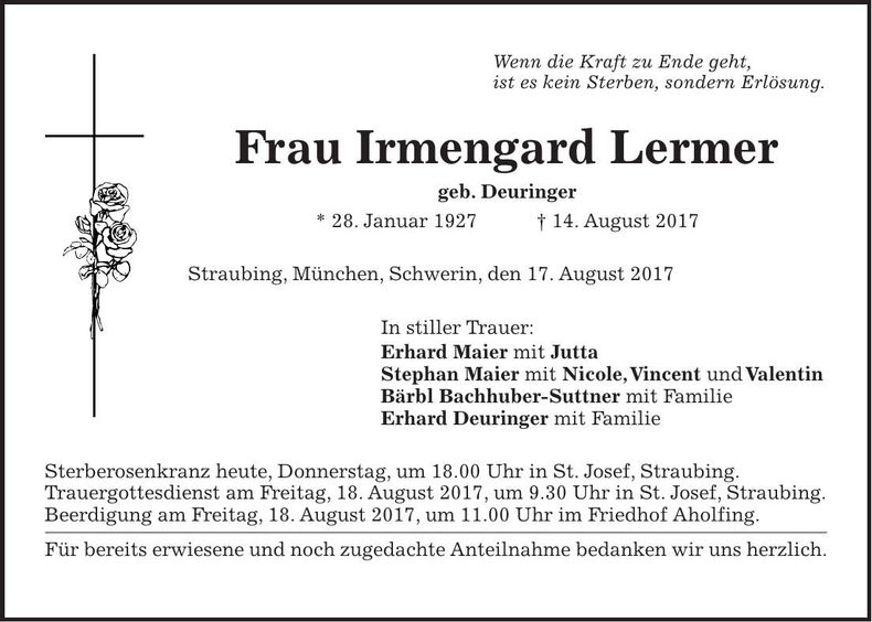 Traueranzeige Irmengard Lermer