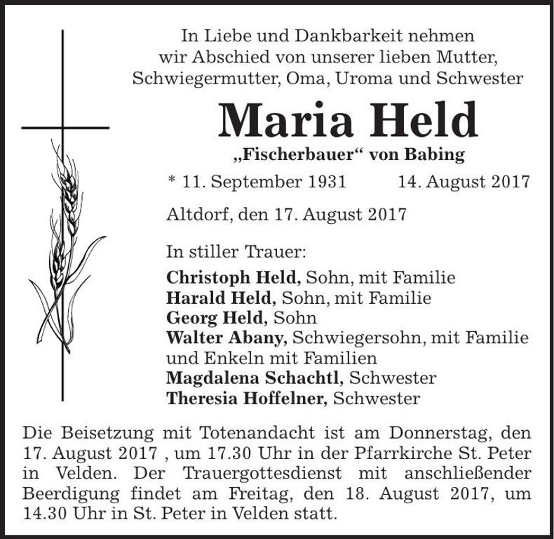 Traueranzeige Maria Held