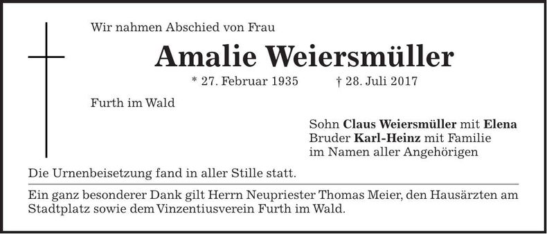 Traueranzeige Amalie Weiersmüller