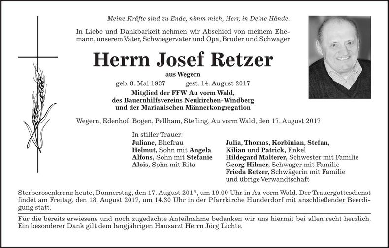 Traueranzeige Josef Retzer