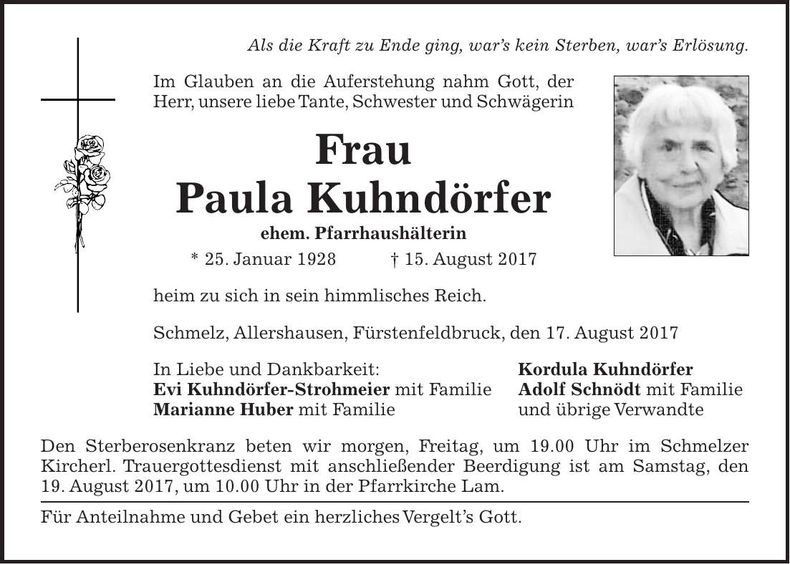 Traueranzeige Paula Kuhndörfer
