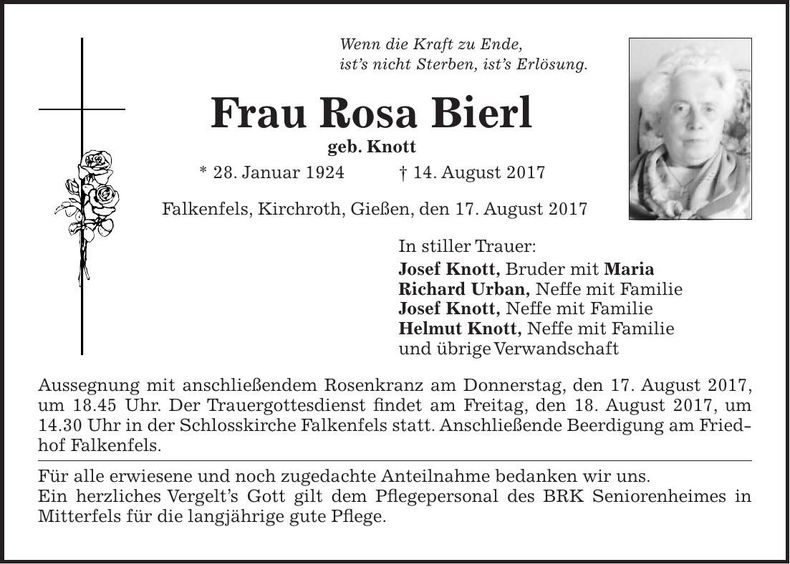 Traueranzeige Rosa Bierl