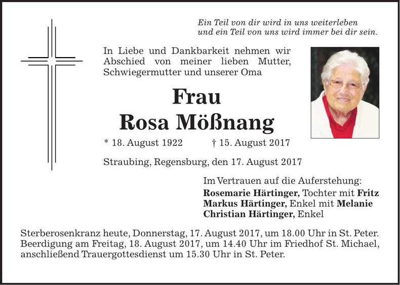 Traueranzeige Rosa Mößnang