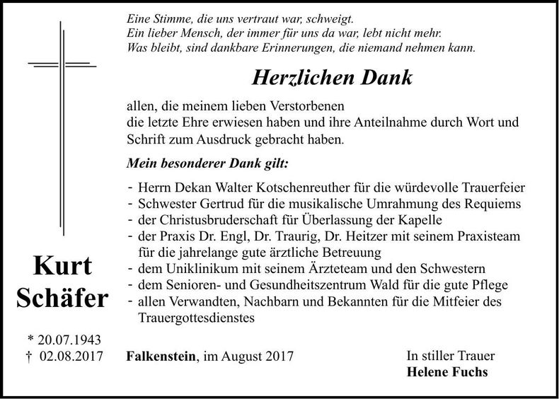 Traueranzeige Kurt Schäfer