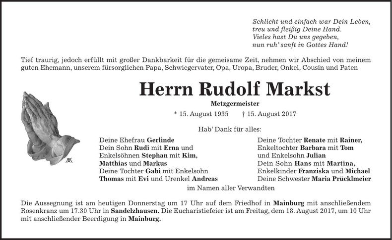 Traueranzeige Rudolf Markst