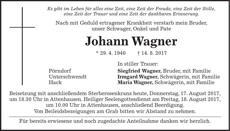 Traueranzeige Johann Wagner