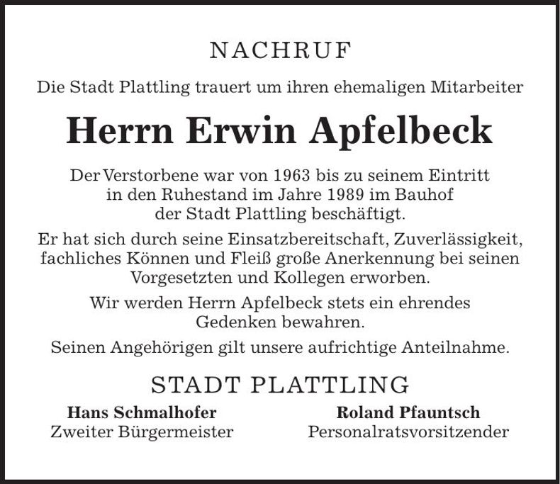 Traueranzeige Erwin Apfelbeck